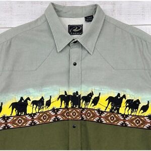 Roper Mens Western Snap‎ Shirt L Yoke Horse Print Cotton Heritage Rodeo Ranch